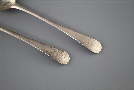 A pair of Georgian silver Old English pattern base marked tablespoons, maker W.T, circa 1770, 23cm, 4oz,